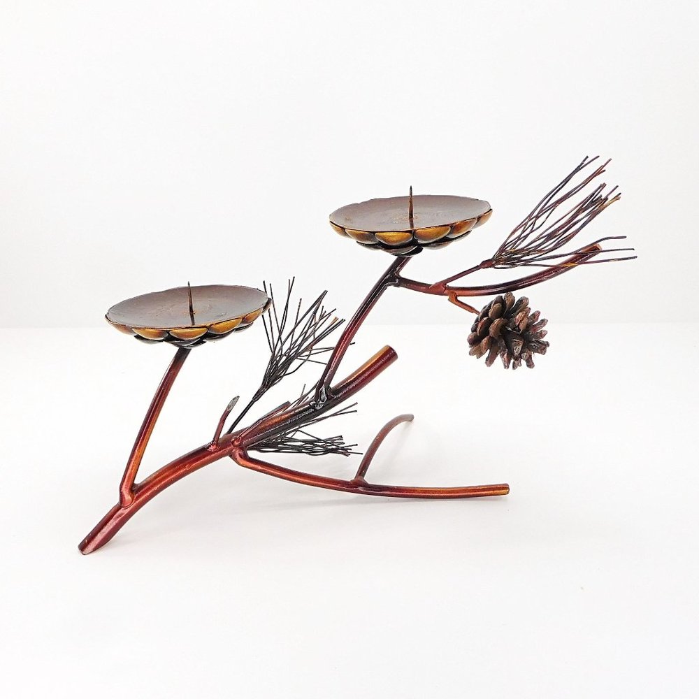 Metallic Pine Branch Cone Candle Holder Centerpiece Copper Finish 8.5"